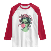 Winking Medusa In Sunglasses Blowing Bubble Gum Raglan Shirt Funny Greek Mythology Pop Art