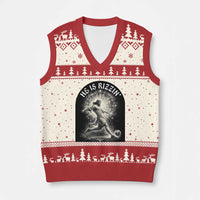 He Is Rizzin V-Neck Knit Sweater Vest Funny Christian Faith Soccer Player Gift