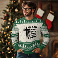 My God Is Stronger Than Melanoma Ugly Christmas Sweater Christian Cancer Support