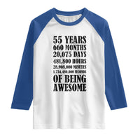 55th Milestone Birthday Raglan Shirt 55 Years Of Being Awesome Graphic