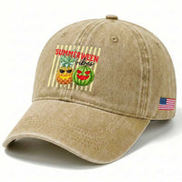 Funny Summerween Fruit Washed Cotton Baseball Cap Spooky Pineapple Watermelon Graphic