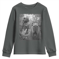 Funny Capybara Selfie With Dinosaur Meme Youth Sweatshirt Animal Humor Gift - Wonder Print Shop