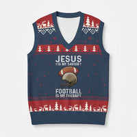 Jesus Is My Savior Football Is My Therapy V-Neck Knit Sweater Vest Christian Football Lover - Wonder Print Shop
