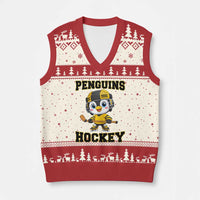 Funny Penguin Playing Ice Hockey V-Neck Knit Sweater Vest Winter Sports Gift - Wonder Print Shop