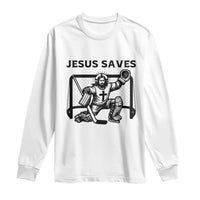 Funny Religious Ice Hockey Goalie Gift Long Sleeve Shirt Jesus Saves - Wonder Print Shop