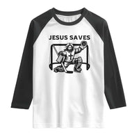 Funny Religious Ice Hockey Goalie Gift Raglan Shirt Jesus Saves - Wonder Print Shop