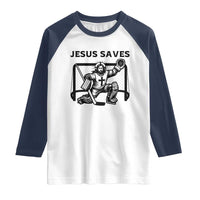 Funny Religious Ice Hockey Goalie Gift Raglan Shirt Jesus Saves - Wonder Print Shop