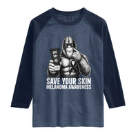 Bigfoot Save Your Skin Raglan Shirt Melanoma Warrior Support