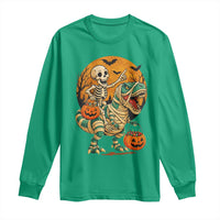 Funny Skeleton Riding Mummy Dinosaur Halloween Long Sleeve Shirt - Wonder Print Shop