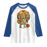Funny Skeleton Riding Mummy Dinosaur Halloween Raglan Shirt - Wonder Print Shop