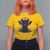 Black Cat Halloween T Shirt For Women Meowcula Cute Smilling With Bat - Wonder Print Shop