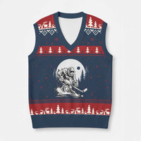 Bigfoot Playing Ice Hockey V-Neck Knit Sweater Vest Funny Cryptid Sports Gift - Wonder Print Shop
