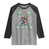 Ugly Christmas Bigfoot Playing Hockey Raglan Shirt Funny Xmas Gift - Wonder Print Shop