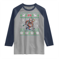 Ugly Christmas Bigfoot Playing Hockey Raglan Shirt Funny Xmas Gift - Wonder Print Shop