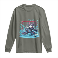Siberian Husky Ice Hockey Player Long Sleeve Shirt Funny Goalie Gift - Wonder Print Shop