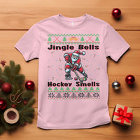 Ugly Christmas Sweater Santa Playing Hockey T Shirt Jingle Bells Hockey Smells - Wonder Print Shop