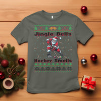 Ugly Christmas Sweater Santa Playing Hockey T Shirt Jingle Bells Hockey Smells - Wonder Print Shop