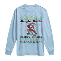 Ugly Christmas Sweater Santa Playing Hockey Long Sleeve Shirt Jingle Bells Hockey Smells - Wonder Print Shop