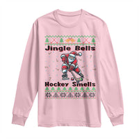 Ugly Christmas Sweater Santa Playing Hockey Long Sleeve Shirt Jingle Bells Hockey Smells - Wonder Print Shop