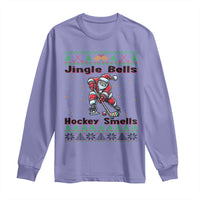 Ugly Christmas Sweater Santa Playing Hockey Long Sleeve Shirt Jingle Bells Hockey Smells - Wonder Print Shop