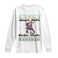 Ugly Christmas Sweater Santa Playing Hockey Long Sleeve Shirt Jingle Bells Hockey Smells - Wonder Print Shop