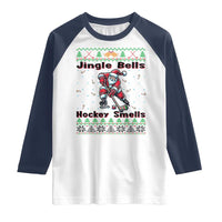 Ugly Christmas Sweater Santa Playing Hockey Raglan Shirt Jingle Bells Hockey Smells - Wonder Print Shop