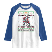 Ugly Christmas Sweater Santa Playing Hockey Raglan Shirt Jingle Bells Hockey Smells - Wonder Print Shop