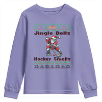 Ugly Christmas Sweater Santa Playing Hockey Youth Sweatshirt Jingle Bells Hockey Smells - Wonder Print Shop