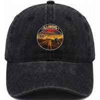 Illinois Route Highway 66 Motorcycle Washed Cotton Baseball Cap Road Trip Adventure