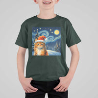 Christmas Van Gogh Cat T Shirt For Kid In Santa Hat Starry Night - Wonder Print Shop