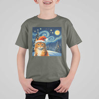 Christmas Van Gogh Cat T Shirt For Kid In Santa Hat Starry Night - Wonder Print Shop