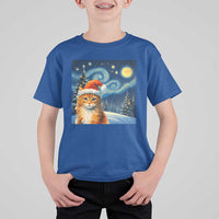 Christmas Van Gogh Cat T Shirt For Kid In Santa Hat Starry Night - Wonder Print Shop