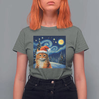 Christmas Van Gogh Cat T Shirt For Women In Santa Hat Starry Night - Wonder Print Shop