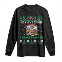 Ugly Christmas Sweater Beaver Ice Hockey Goalie Long Sleeve Shirt No Pucks Given - Wonder Print Shop