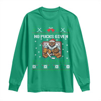 Ugly Christmas Sweater Beaver Ice Hockey Goalie Long Sleeve Shirt No Pucks Given - Wonder Print Shop