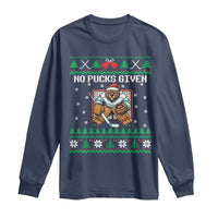 Ugly Christmas Sweater Beaver Ice Hockey Goalie Long Sleeve Shirt No Pucks Given - Wonder Print Shop