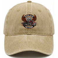 Vintage Route Highway 66 Biker Club Washed Cotton Baseball Cap Live To Ride Motorcycle Graphic