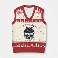 If I Fits I Sits Black Cat Skull V-Neck Knit Sweater Vest Gothic Dark Humor Gift