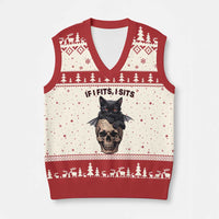 Gothic Cat Skull Graphic V-Neck Knit Sweater Vest If I Fits I Sits Creepy Cute Gift