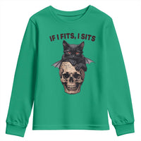 Gothic Cat Skull Graphic Youth Sweatshirt If I Fits I Sits Creepy Cute Gift
