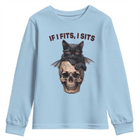 Gothic Cat Skull Graphic Youth Sweatshirt If I Fits I Sits Creepy Cute Gift