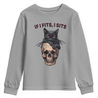 Gothic Cat Skull Graphic Youth Sweatshirt If I Fits I Sits Creepy Cute Gift