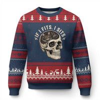 Funny Gothic Black Cat Skull Ugly Christmas Sweater If I Fits I Sits