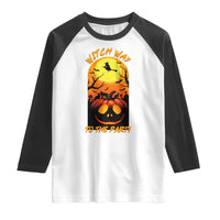 Halloween Witch Way To The Party Raglan Shirt Black Cat Pumpkin - Wonder Print Shop