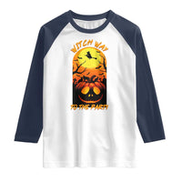 Halloween Witch Way To The Party Raglan Shirt Black Cat Pumpkin - Wonder Print Shop