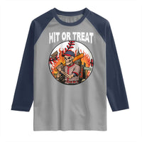 Funny Halloween Baseball Raglan Shirt Hit Or Treat Skeleton Player - Wonder Print Shop