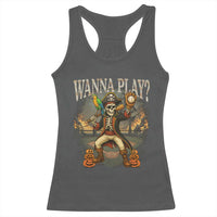 Halloween Baseball Racerback Tank Top Funny Wanna Play Dabbing Pirate Skeleton Catcher - Wonder Print Shop