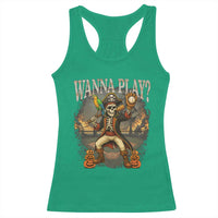 Halloween Baseball Racerback Tank Top Funny Wanna Play Dabbing Pirate Skeleton Catcher - Wonder Print Shop