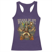 Halloween Baseball Racerback Tank Top Funny Wanna Play Dabbing Pirate Skeleton Catcher - Wonder Print Shop
