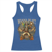 Halloween Baseball Racerback Tank Top Funny Wanna Play Dabbing Pirate Skeleton Catcher - Wonder Print Shop